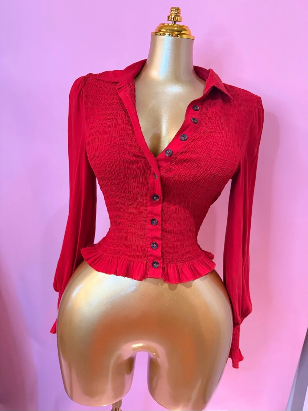 Free People Red Ruched Button-Front Long Sleeve Top